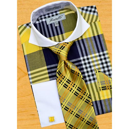 Fratello Mustard / Navy Blue / White Plaid With Spread Collar Dress Shirt/Tie/Hanky Set FRV4116P2